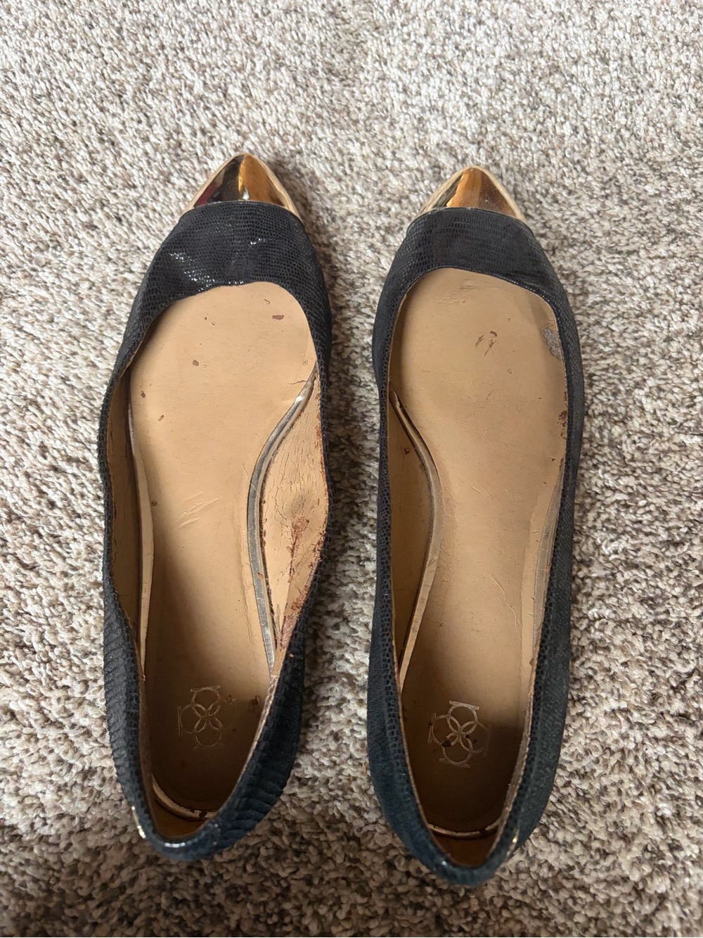 Ann Taylor Black Flats with Gold Cap Toe - Women's Pointed Ballet Flats